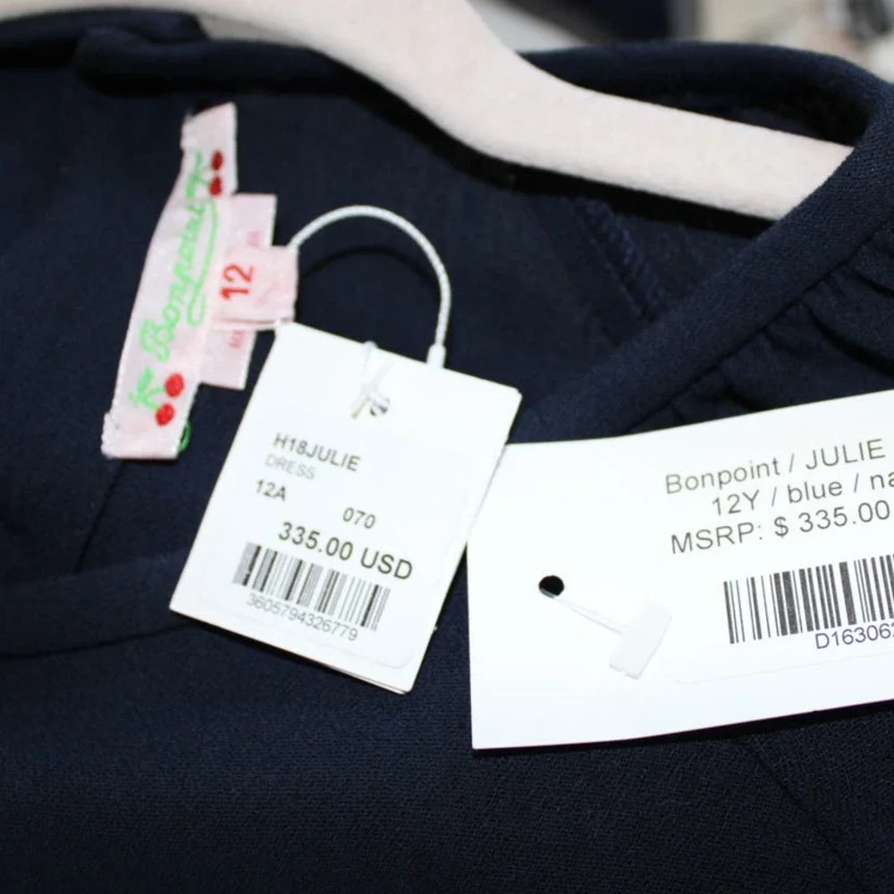 NWT Bonpoint Girl's Julie Dress Long Sleeve Navy Wool Viscose Red Gold Stripe 12